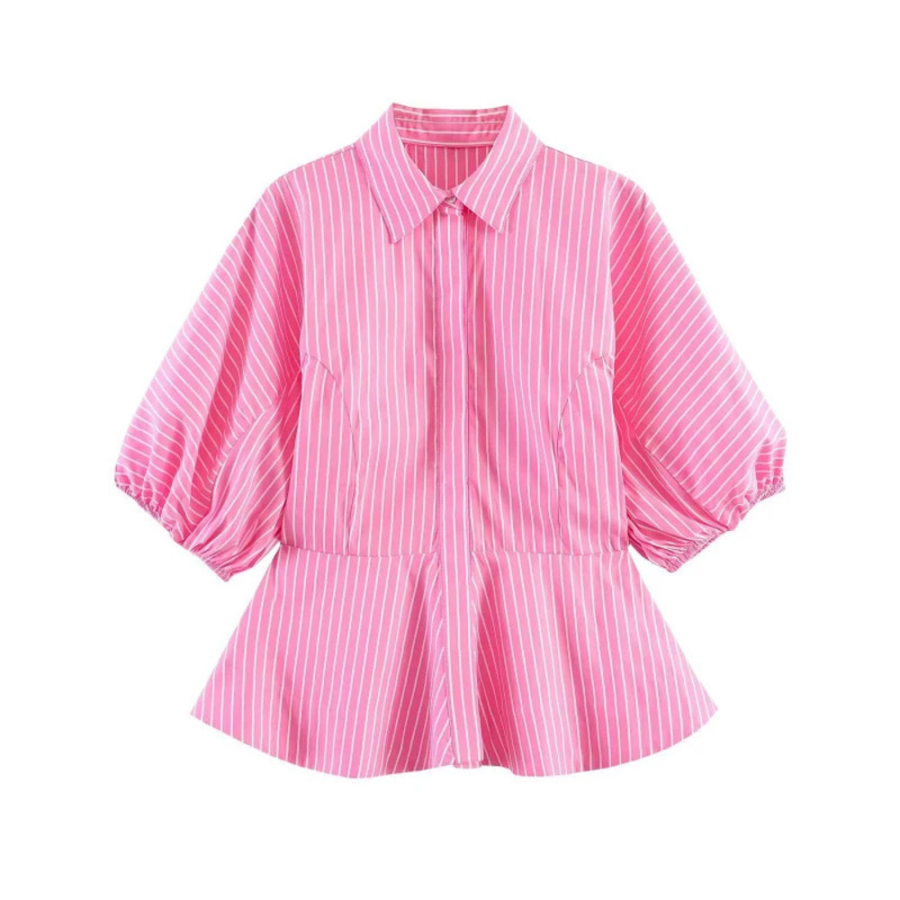 ZARA Chic Puff Sleeve Plaid Short Sleeve Shirt